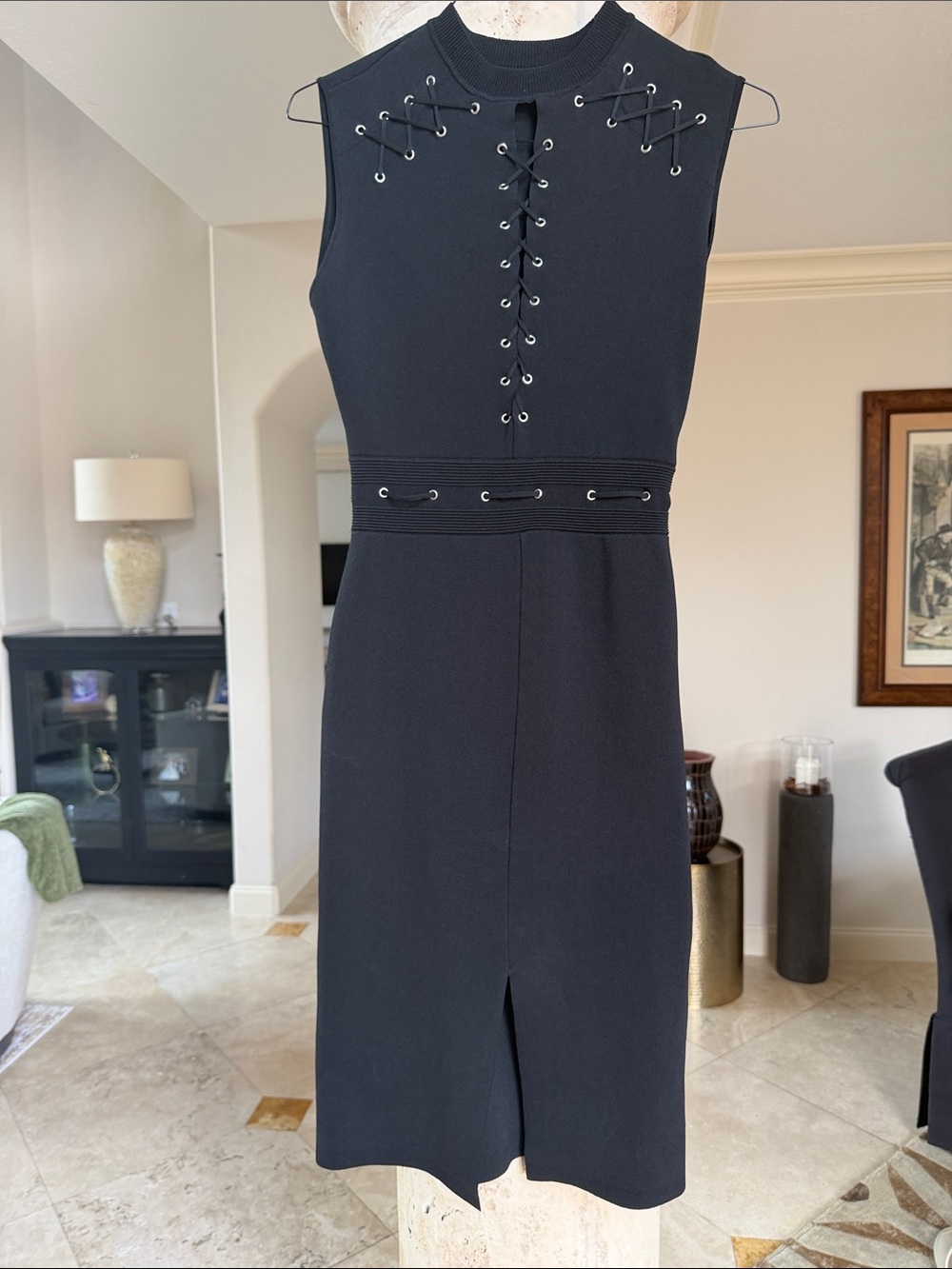 RACHEL Rachel Roy Black Lace-Up Midi Dress Sz Small Silver Colored Details